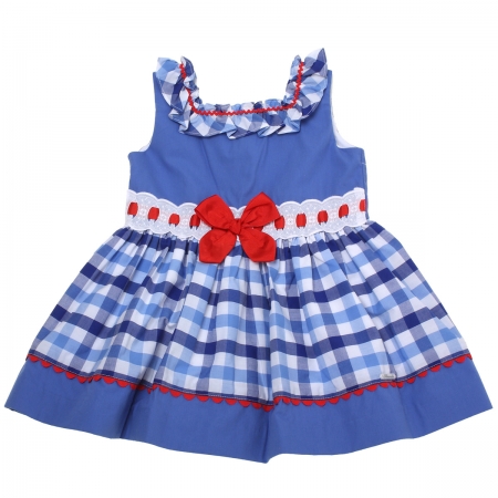 Miranda Spring Summer Girls Navy Blue White Gingham Dress Red Bow White Lace