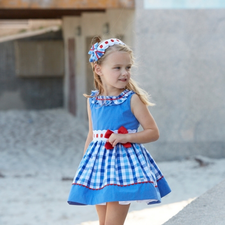 Miranda Spring Summer Girls Navy Blue White Gingham Dress Red Bow White Lace #2