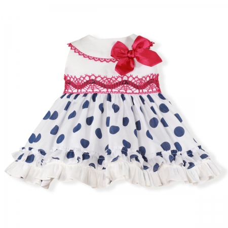 Miranda Spring Summer Baby Girls White Navy Polka Dots Dress Red Lace Bow