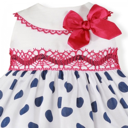 Miranda Spring Summer Baby Girls White Navy Polka Dots Dress Red Lace Bow #2