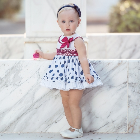 Miranda Spring Summer Baby Girls White Navy Polka Dots Dress Red Lace Bow #3