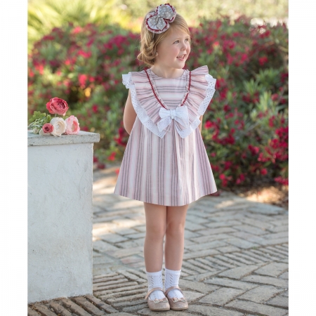 Miranda Spring Summer Girls Pink Caramel Stripes Dress Large Shawl Collar White Bow #3