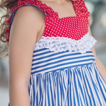 Miranda Spring Summer Girls Red Polka Dots Blue Stripes Dress #2