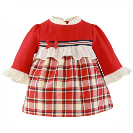 MIRANDA Baby Girls Red Tartan Dress White Frilly Collar Red Bow