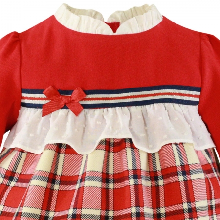 MIRANDA Baby Girls Red Tartan Dress White Frilly Collar Red Bow #2
