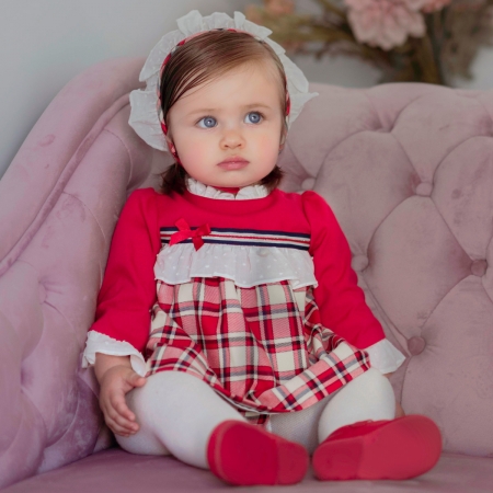 MIRANDA Baby Girls Red Tartan Dress White Frilly Collar Red Bow #4