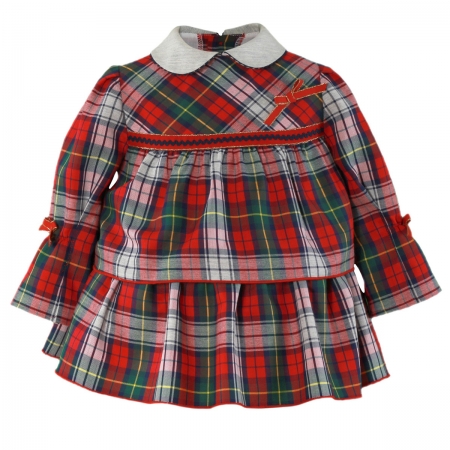 MIRANDA Baby Girls Red Green Tartan Dress Navy Frills Red Bows