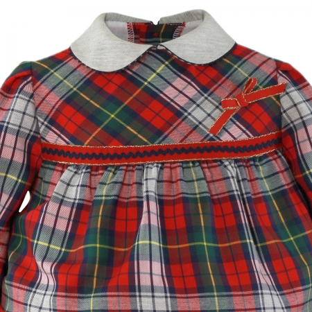 MIRANDA Baby Girls Red Green Tartan Dress Navy Frills Red Bows #2