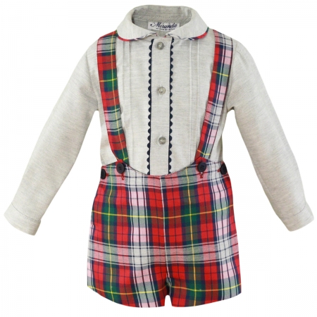 Miranda Baby Boys Light Grey Top Red Braces Tartan Shorts Set