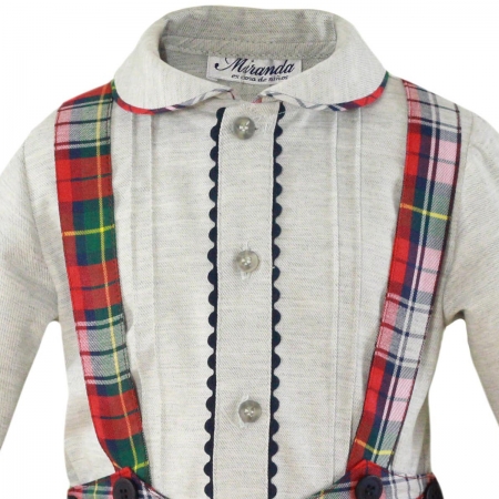 Miranda Baby Boys Light Grey Top Red Braces Tartan Shorts Set #2