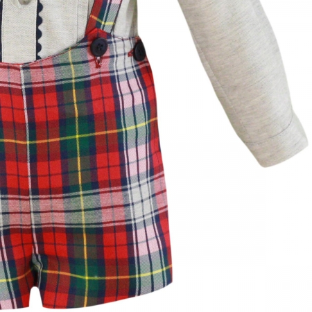 Miranda Baby Boys Light Grey Top Red Braces Tartan Shorts Set #3