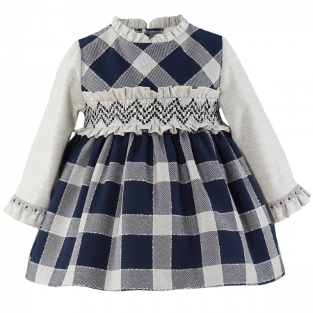 MIRANDA Baby Girls Navy Grey Check Dress Frilly Collar Waist