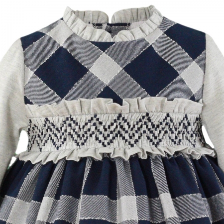 MIRANDA Baby Girls Navy Grey Check Dress Frilly Collar Waist #2