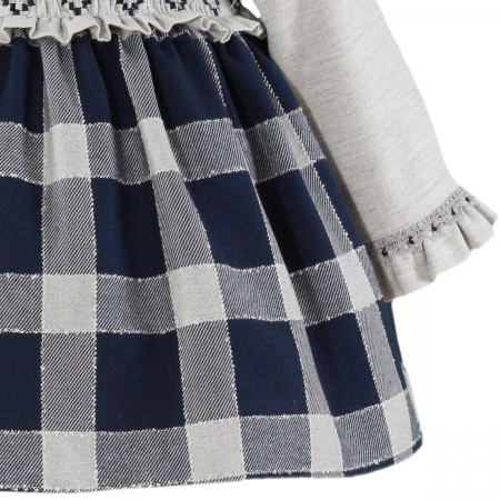 MIRANDA Baby Girls Navy Grey Check Dress Frilly Collar Waist #3