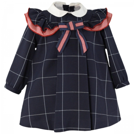 MIRANDA Baby Girls Navy Check Dress Red Frills Red Bow