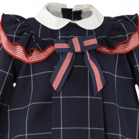 MIRANDA Baby Girls Navy Check Dress Red Frills Red Bow #2