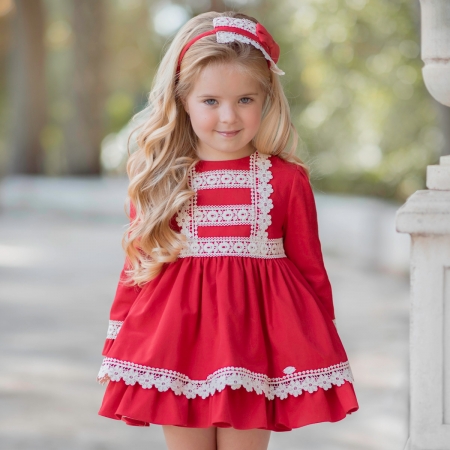Miranda Autumn Winter Girls Red Dress Ivory Flower Lace #4