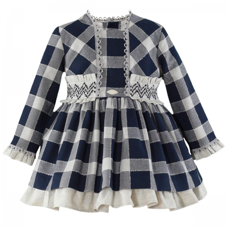 Miranda Autumn Winter Girls Navy Grey Gingham Pattern Frills Trim Dress