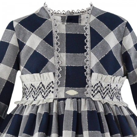 Miranda Autumn Winter Girls Navy Grey Gingham Pattern Frills Trim Dress #2