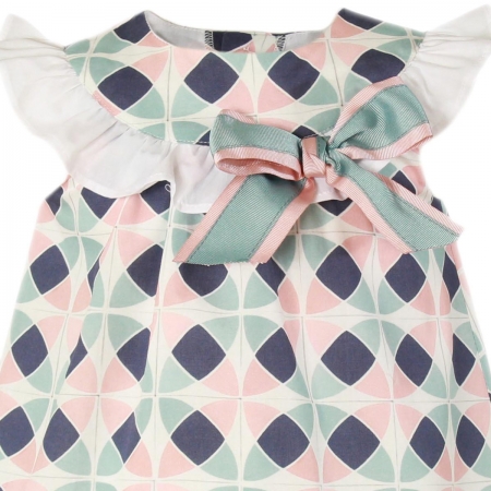 Miranda Spring Summer Baby Girls Dress In Pink Green Navy Pattern With Matching Bow #2