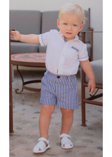 MIRANDA Baby Boys White Top Light Navy Stripes Shorts Set #4