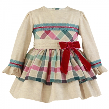 Miranda Girls Ivory Beige Multi Colours Check Dress Red Bow