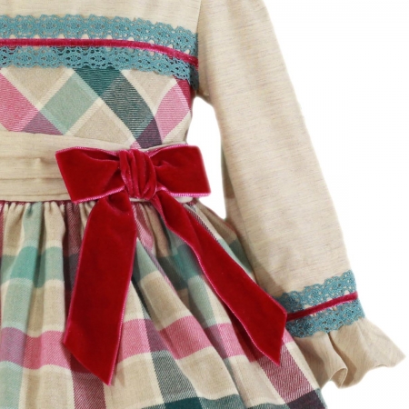 Miranda Girls Ivory Beige Multi Colours Check Dress Red Bow #2