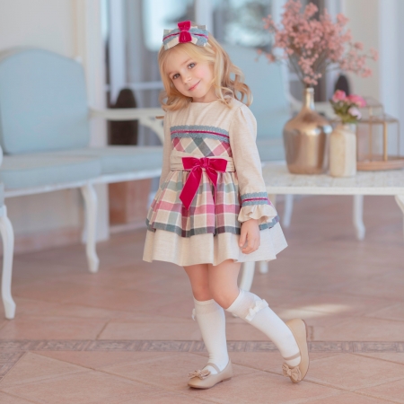 Miranda Girls Ivory Beige Multi Colours Check Dress Red Bow #3