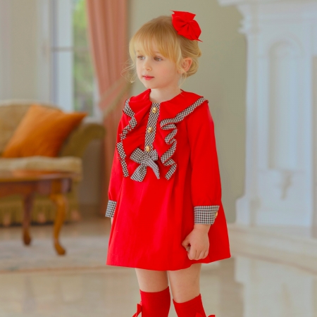 Miranda Girls Red Dress Black And White Gingham Frills And Bow #4
