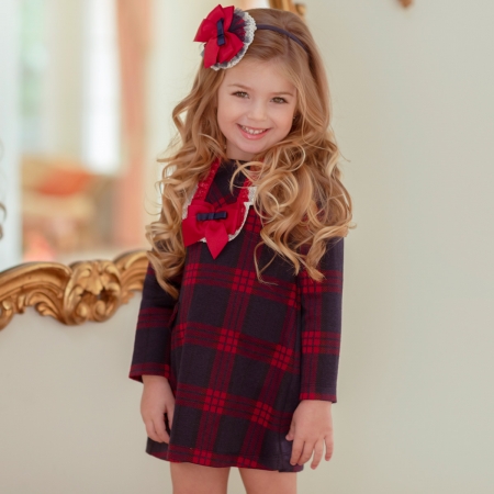 Miranda Baby Girls Red Navy Check Dress Red Bow #3
