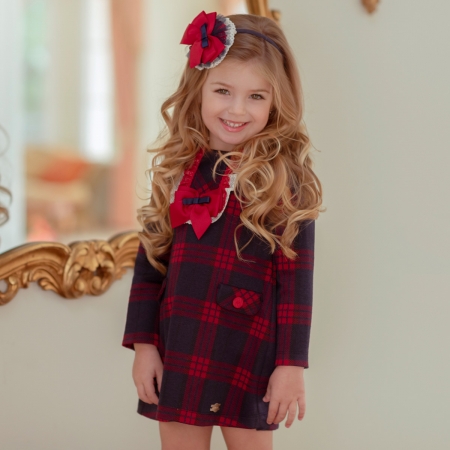 Miranda Girls Red Navy Check Dress Red Bow #3