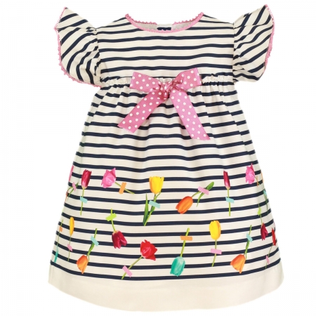 Miranda Baby Girls White Navy Stripes Dress Tulip Floral Pink Bow