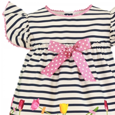 Miranda Baby Girls White Navy Stripes Dress Tulip Floral Pink Bow #2