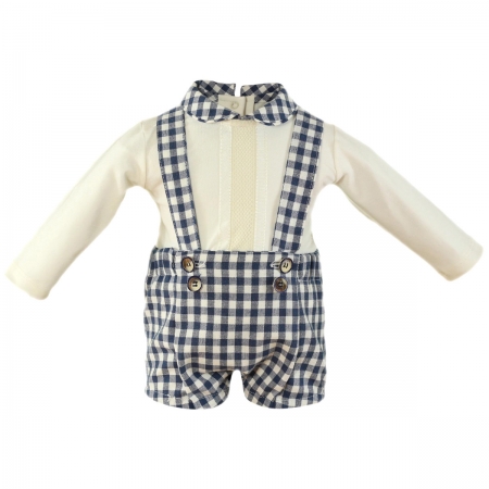 Miranda Autumn Winter Baby Boys Ivory Top Navy Gingham Braced Shorts Set
