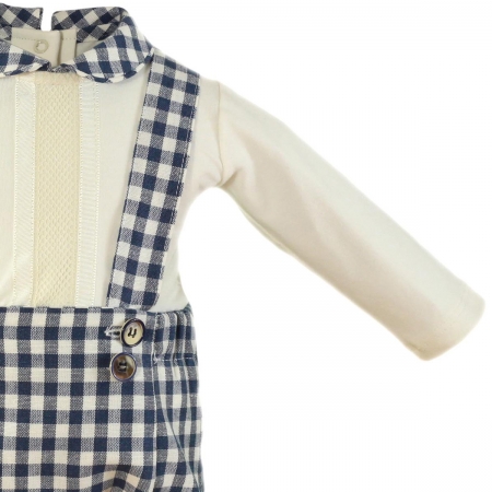 Miranda Autumn Winter Baby Boys Ivory Top Navy Gingham Braced Shorts Set #2