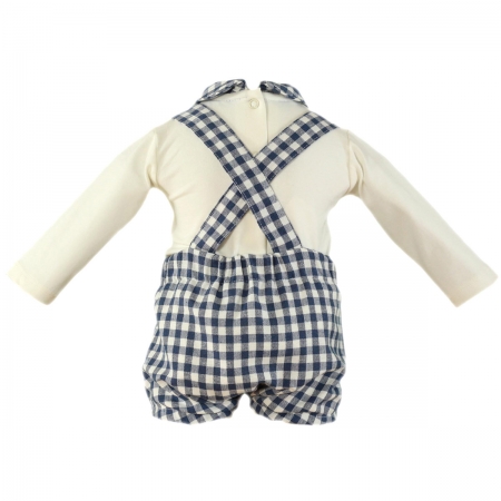 Miranda Autumn Winter Baby Boys Ivory Top Navy Gingham Braced Shorts Set #3