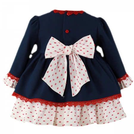 Miranda Baby Girls Navy Dress Red Frills White Bow #2