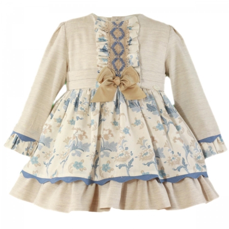 Miranda Girls Sand Colour Dress Blue Flowers Blue Light Brown Frills