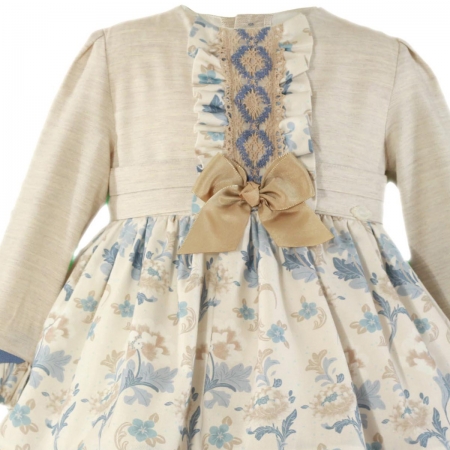 Miranda Girls Sand Colour Dress Blue Flowers Blue Light Brown Frills #3