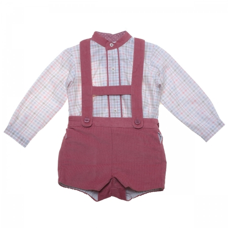 Sale Spanish MIRANDA Baby Boys Ivory Checks Top H braces Dusky Pink Shorts Set