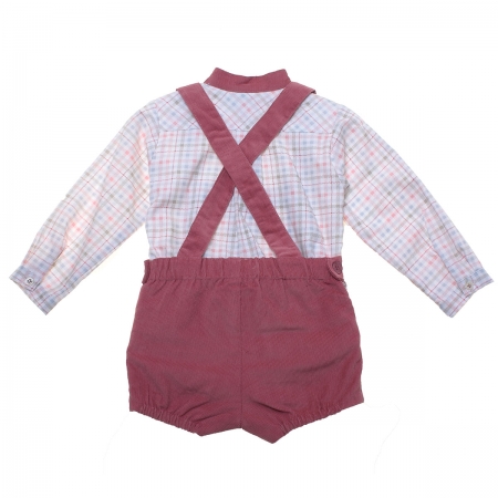Sale Spanish MIRANDA Baby Boys Ivory Checks Top H braces Dusky Pink Shorts Set #2