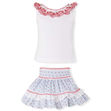 Miranda Spring Summer Girls White Top Red Lace Blue White Red Skirt Set