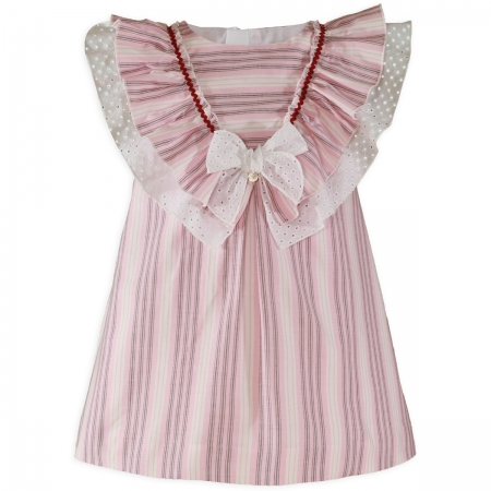 Miranda Spring Summer Girls Pink Caramel Stripes Dress Large Shawl Collar White Bow