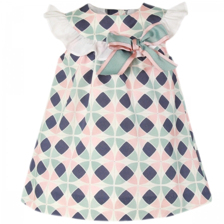 Miranda Spring Summer Baby Girls Dress In Pink Green Navy Pattern With Matching Bow