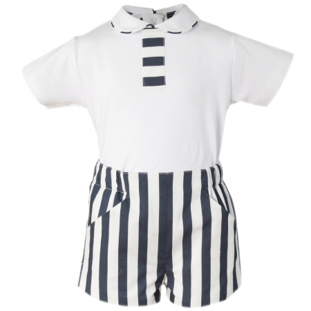 MIRANDA Baby Boys White Top White Navy Stripes Shorts Set