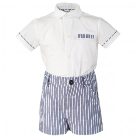 MIRANDA Baby Boys White Top Light Navy Stripes Shorts Set