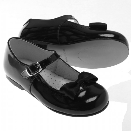 Made In Spain Girls Black Bow Mary Jane Patent Shoes
