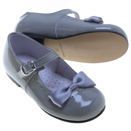 Made In Spain Girls Light Grey Bow Mary Jane Patent Shoes