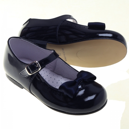 Made In Spain Girls Navy Bows Mary Jane Patent Shoes