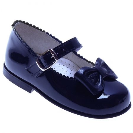 Girls Navy Patent Shoes Scallop Edge With a Bow
